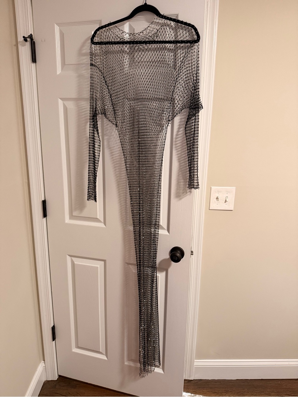 Sheer Metallic Black Long-Sleeve Mesh Dress